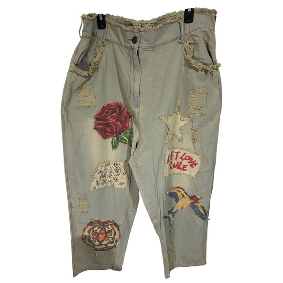 A Rare Bird Handmade Distressed Cotton Patchwork Pants With Unique Embroidered D - Picture 1 of 14